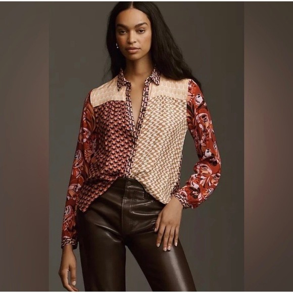 Maeve by Anthropologie Tops - Maeve Anthropologie Paz Mixed Print Button Down Blouse Red Orange Patchwork 3X